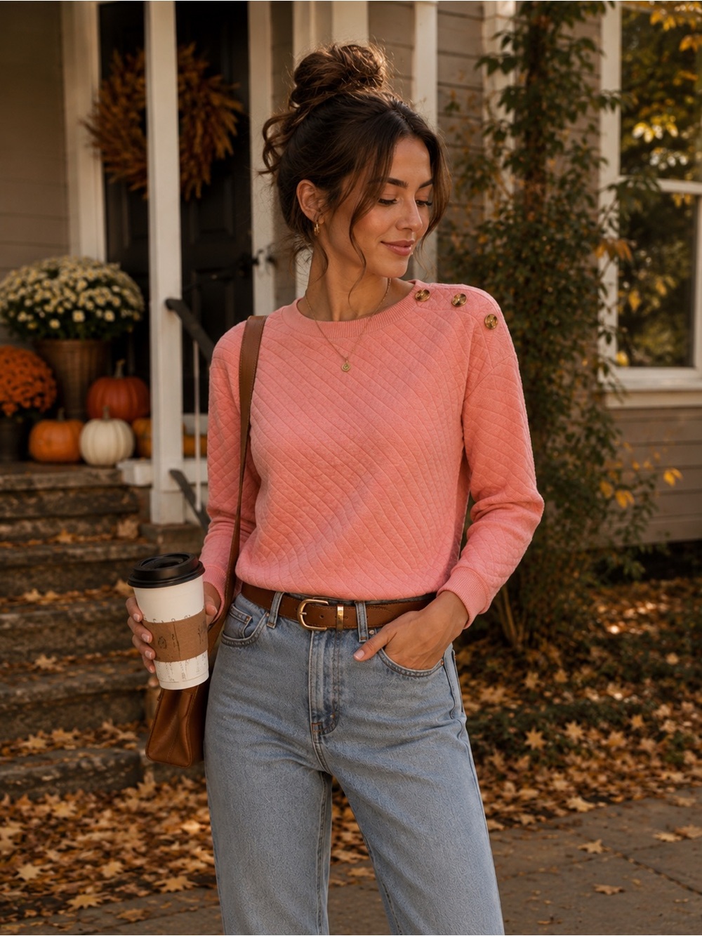 J. Crew Quilted Button Neck Sweatshirt Rosy Peach Large